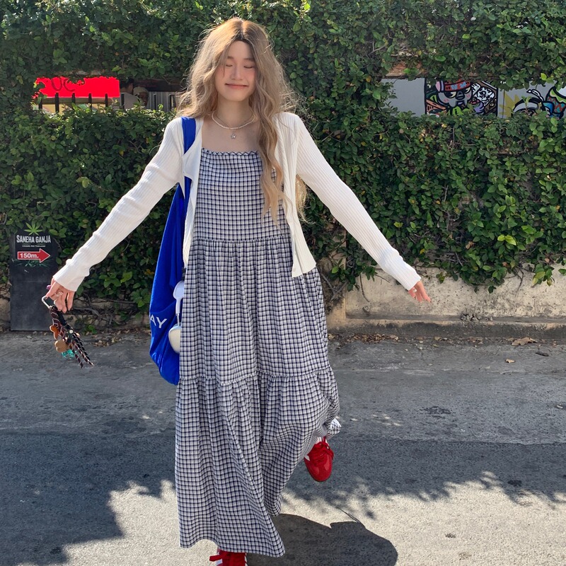 Plus Size Lazy Style Suit for Spring and Summer, New Knitted Cardigan Jacket, Loose Slimming Plaid Suspender Dress