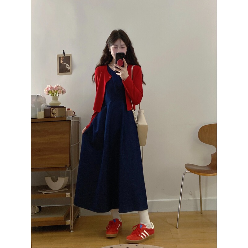 Plus Size Fat Girl Fashion Two-Piece Set 2025 Spring New Red Cardigan Jacket Waist-Cinching Denim Vest Dress