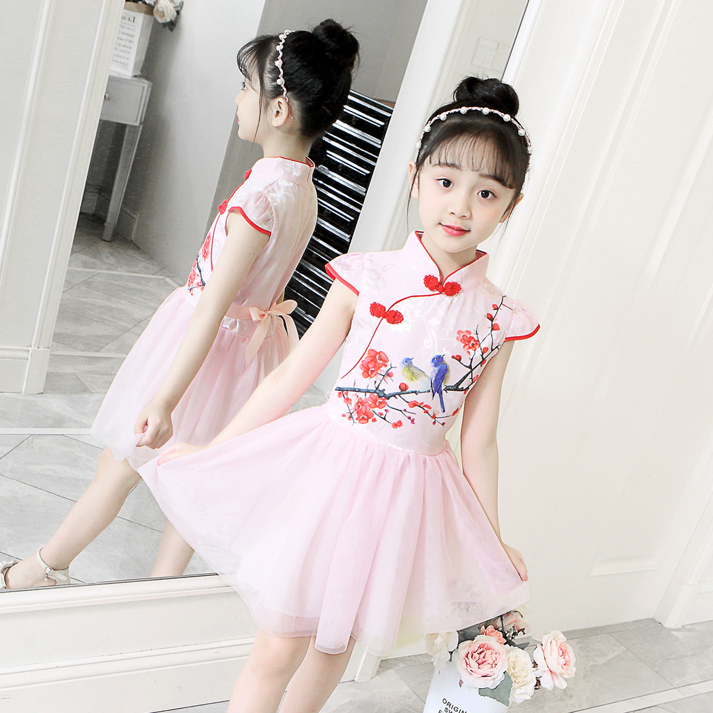 Mùa hè cô gái mới sườn xám váy sợi váy bông váy gió quốc gia Tang trang phục biểu diễn cậu bé lớn công chúa Fan 4-8-11