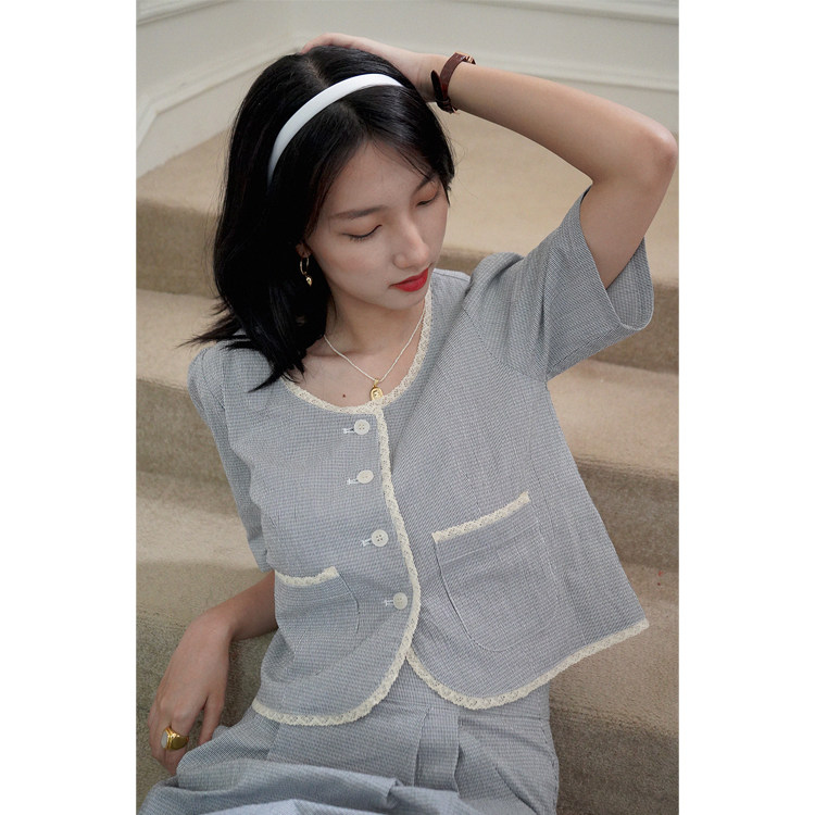 Botanique botanical original design French elegant lady striped lace patchwork top suit shirt