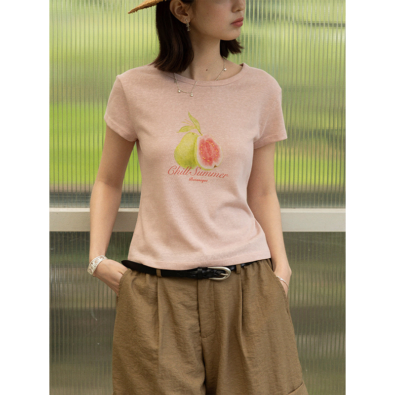 Botanique Botany "Guava Fruit" Printed Linen-Feel Cotton Knit T-Shirt