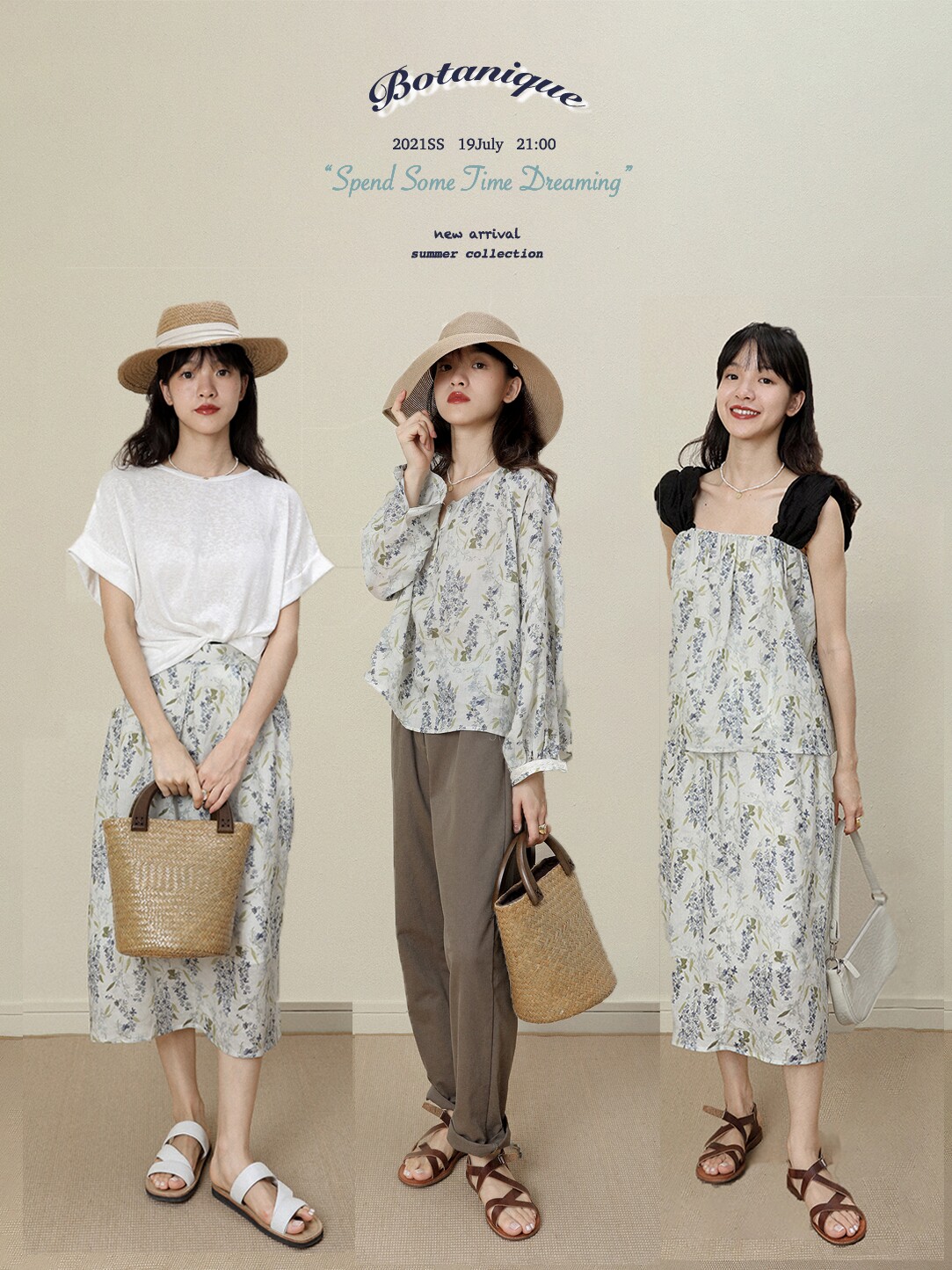 Botanique botanical original long-sleeved top suit sea salt series hemp half-length skirt three-piece women's