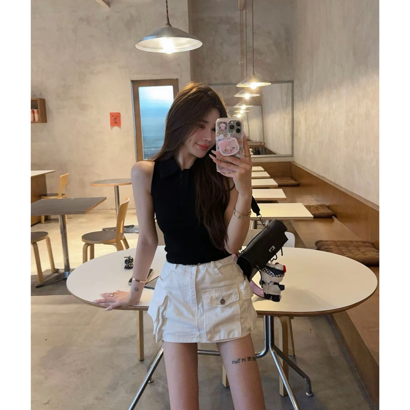 Summer Fashionable Korean-Style Polo Collar Slim-Fit Sleeveless Vest Slimming Workwear Denim Short Skirt Pants Two-Piece Set