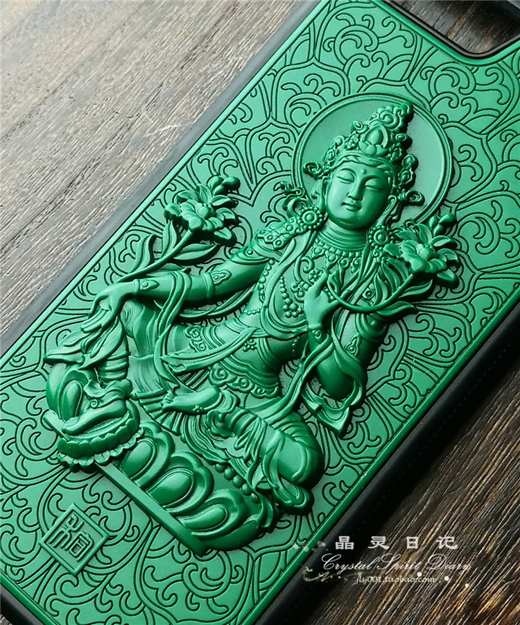 Large lacquer lacquer carved lacquer green Tara Lacquer mobile phone case iPhone6 ​​7 8Plus 11 12PROMAX