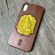 Lacquer carving yellow Wealth God lacquerware solid wood mobile phone case iPhone7 8plus 11 12ProXSMAX