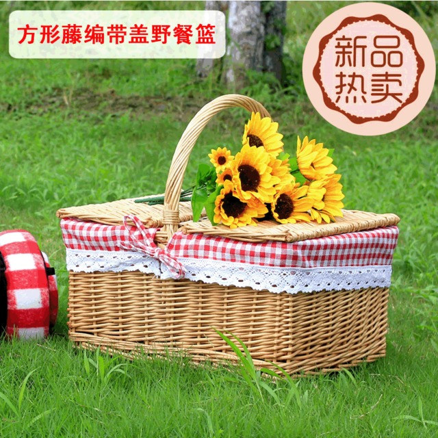 Outdoor picnic basket rattan idyllic ins wicker shopping gift basket vegetable basket hand basket net red covered lining