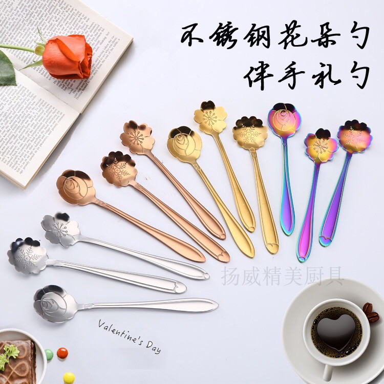 Companion Courtesy Spoon Girl Hearts Golden Flowers Spoon Stainless coffee spoon Creative tablespoon Cherry Blossom Spoon Stir Spoon