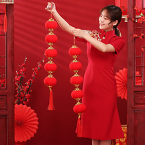 Big red flocked lantern string New Year Spring Festival pendant decoration Small lantern pendant Indoor lantern pendant scene arrangement