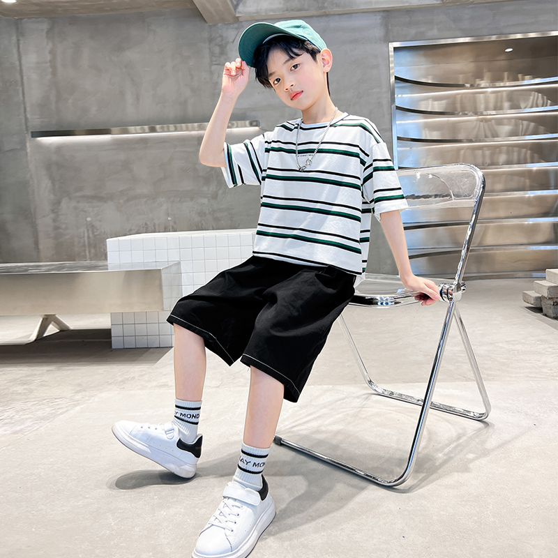Boy Summer pure cotton short sleeve T-shirt 2022 new CUHK Tong Summer clothing blouse boy striped Compassionate Child Clothing 