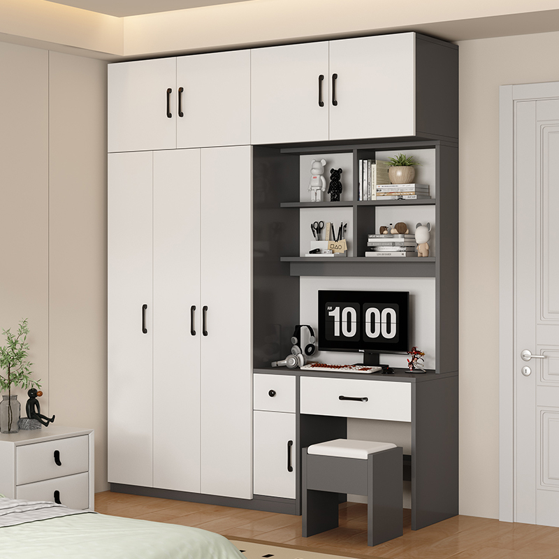 Solid Wood Wardrobe with Integrated Desk for Home Use in the Bedroom, Simple Bookcase Combination for Children's Room, Small Apartment Study Computer Desk
