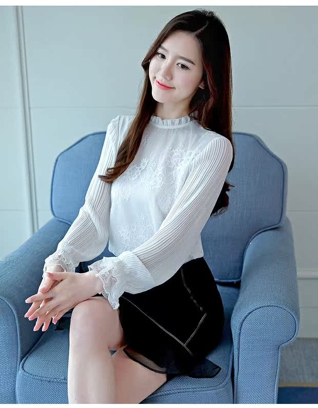 2018 mùa thu mới phong cách cổ áo ren đáy quần nữ dài tay thời trang nước ngoài áo sơ mi nhỏ siêu cổ tích áo voan áo sơ mi nữ trung niên
