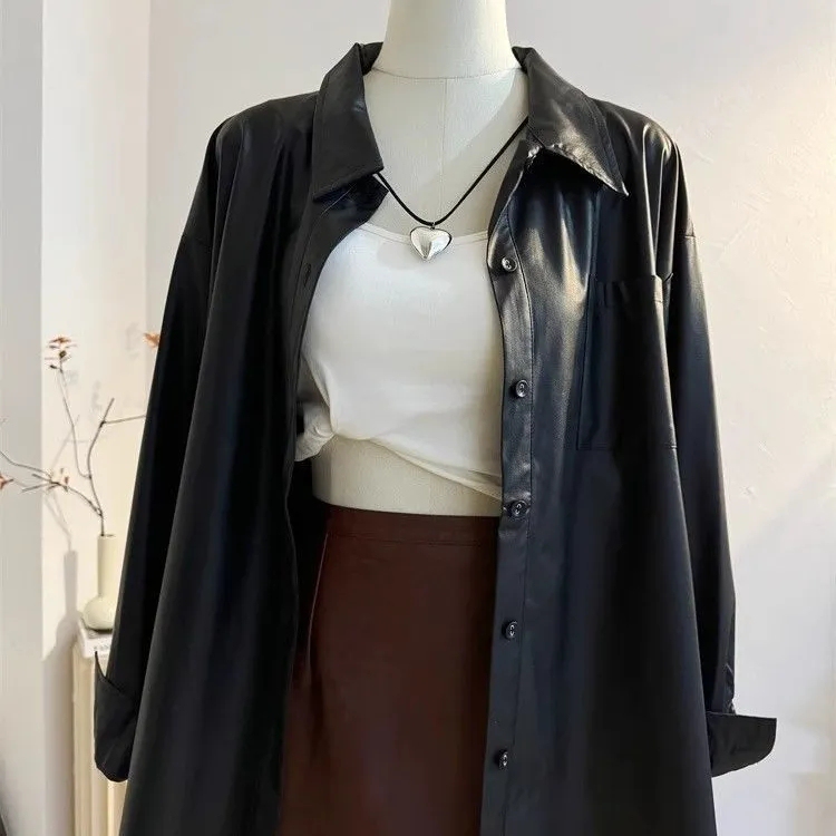 Retro Black Washed Pu Leather Shirt for Women 2025 Autumn and Winter Design Loose Hong Kong Style Casual Elegant Shirt Jacket