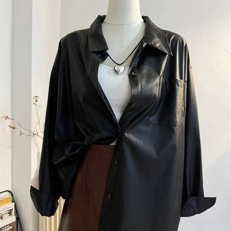 Spring and Autumn New Style Black Pu Leather Jacket for Women Casual 2025 Hong Kong Style Retro Loose Korean Style Pu Jacket Shirt Top