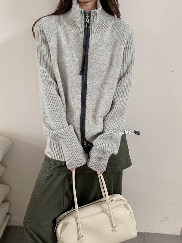 High-Neck Double-Zip Knit Cardigan 2026 Autumn and Winter Korean Style Loose Lazy Style Stand-Up Collar Zip Sweater Jacket Top