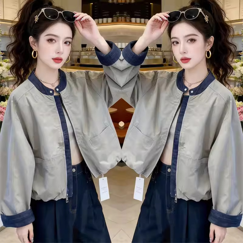2026 Spring Internet Celebrity New Denim Patchwork Jacket for Women, Korean Style Design, Loose Stand Collar Jacket, Baseball Uniform Top