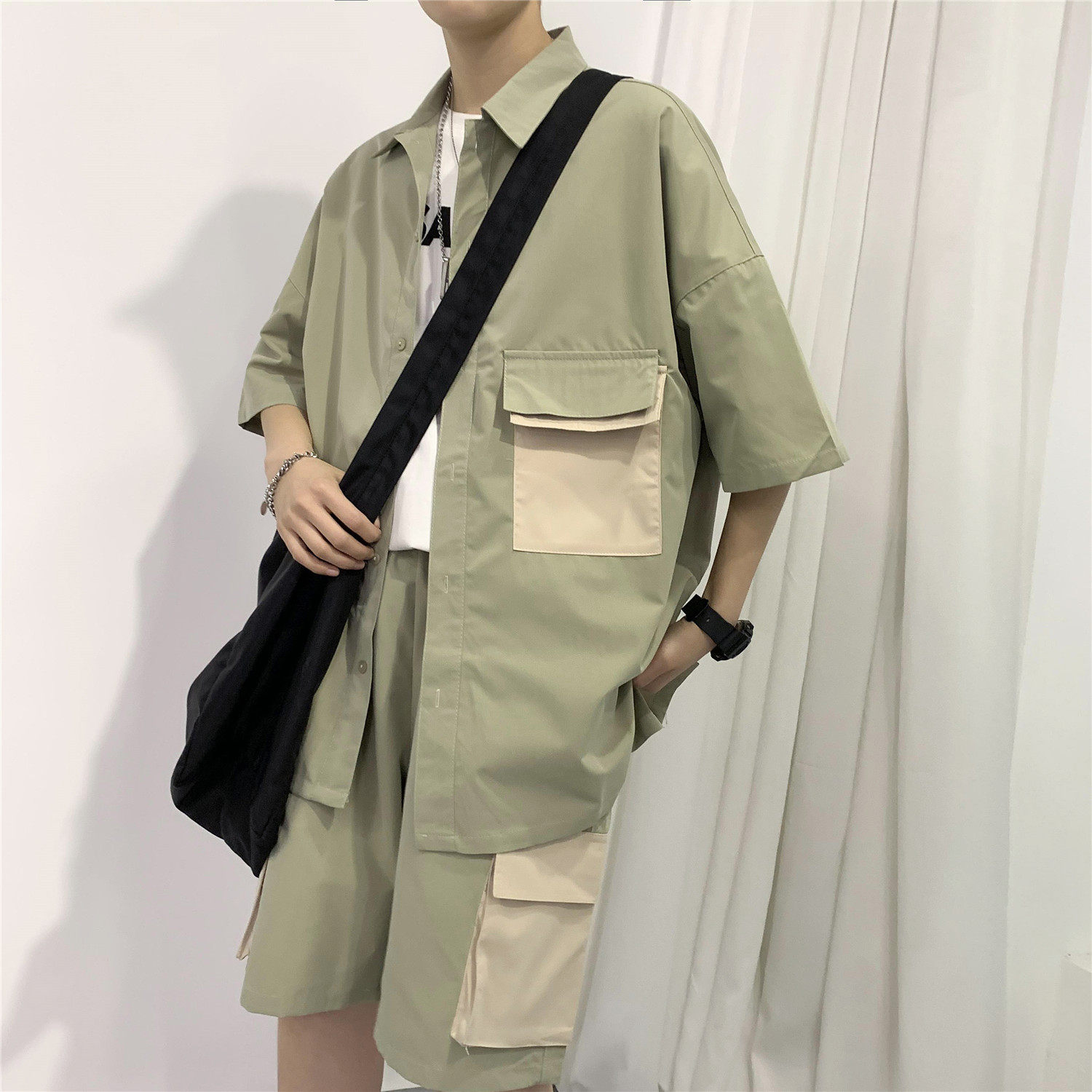 港风新款工装套装男士短袖衬衣学生五分短裤潮限88