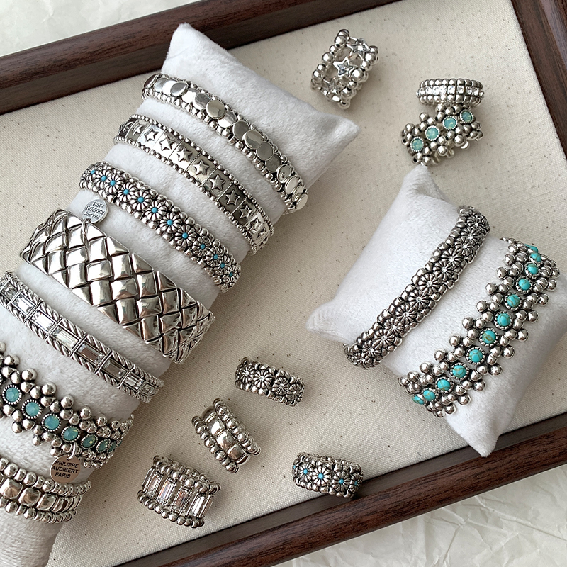 Philippe Audibert French Tin-Plated Silver Crystal Elastic Bracelet Bangle Ring Stackable Vintage Design
