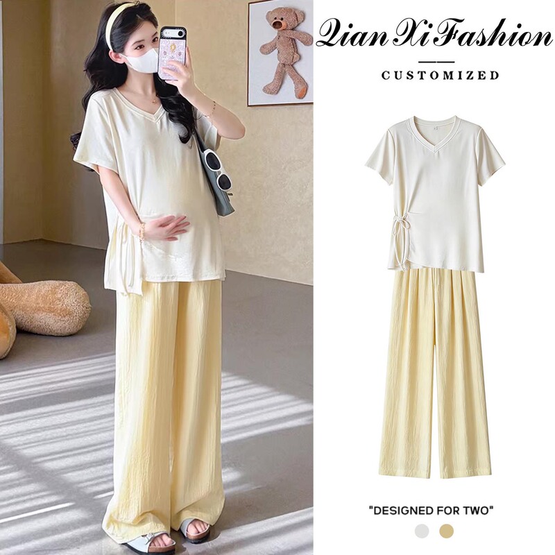 Maternity Summer Outfit 2026 New Style Top Set Fashionable and Youthful Loose Wide-Leg Pants Summer Two-Piece Set