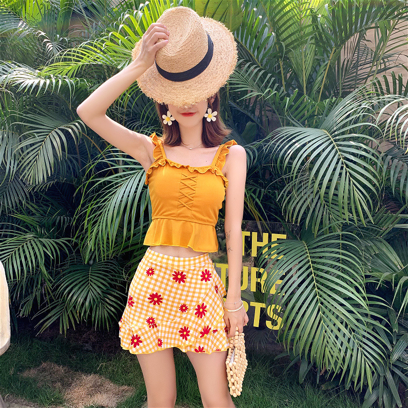 CK QIOM swimsuit women 2021 New Korean cute sweet thin belly cover fairy fan split skirt swimwear