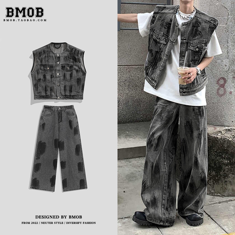 Bmob American-Style High-End Denim Vest Set with a Vintage Design, Sleeveless, Cool Streetwear, Wasteland Style Jeans Bmob American-Style High-End Denim Vest Set with a Vintage Design, Sleeveless, Cool Streetwear, Wasteland Style Jeans