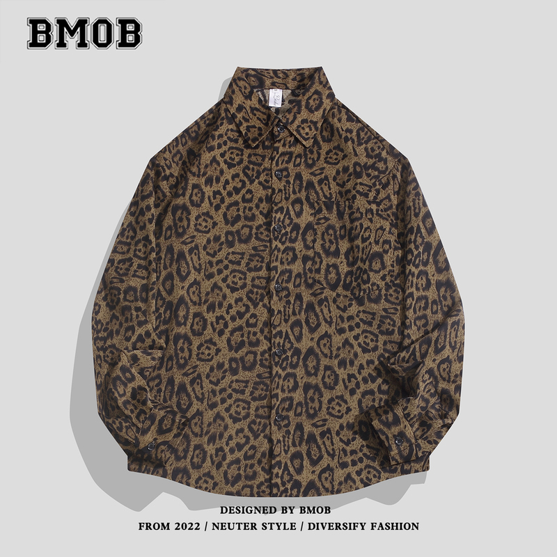 Bmob Retro Leopard Print Long-Sleeve Shirt for Men and Women, Loose Casual Lapel Shirt, Stylish Trendy Outfit, Cool Niche Top
