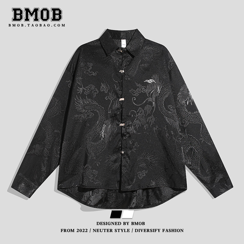 Bmob New Chinese-Style Dragon Pattern Jacquard Long-Sleeve Shirt for Men and Women, Dark Ascetic Style, Loose Niche Design Trendy Shirt