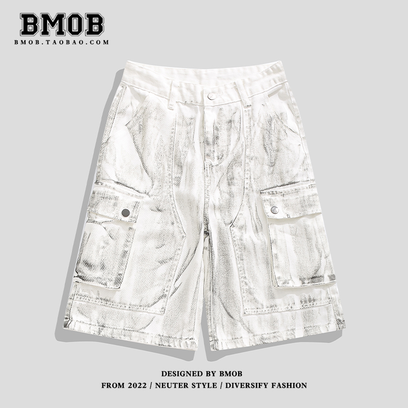 Bmob American Street Style Distressed Workwear Denim Shorts for Men, Niche Cool Multi-Pocket Straight Shorts ins Trendy