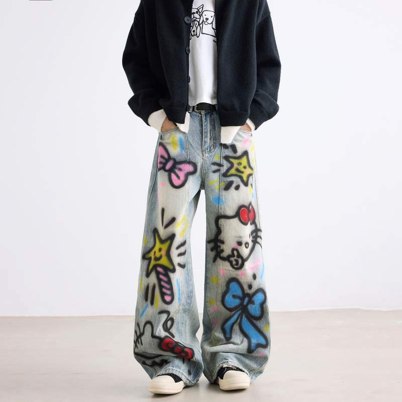 Bmob American Graffiti Cartoon Print Patchwork Distressed Jeans Men's Retro Washed Wide-Leg Pants Trendy Straight-Leg Trousers