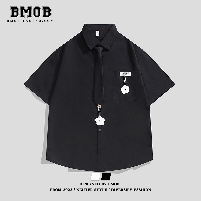 Bmob American Retro Preppy Style Floral Pendant Design Short-Sleeved Shirt for Men and Women Summer Uniform Casual Shirt