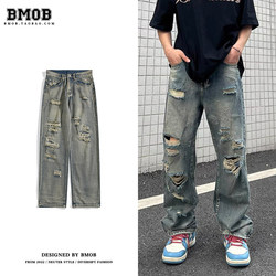 BMOB American retro hiphop high street ripped jeans ຜູ້ຊາຍໃນລະດູໃບໄມ້ປົ່ງແລະດູໃບໄມ້ລົ່ນກາງເກງຂາກວ້າງຊື່ trendy