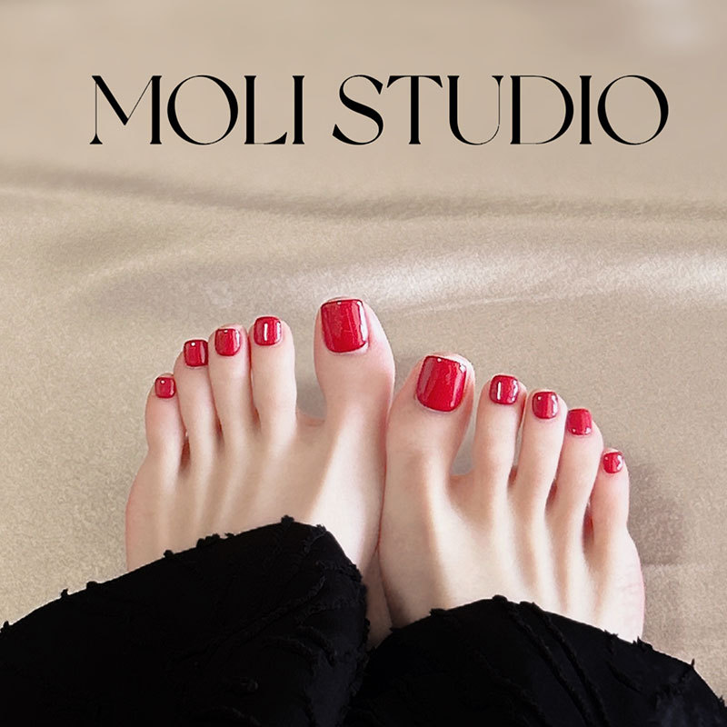 Molinail Solid Red Wearable Nails Toe Nails Handmade Light Luxury Bridal Manicure Short Style Stunning Toenails