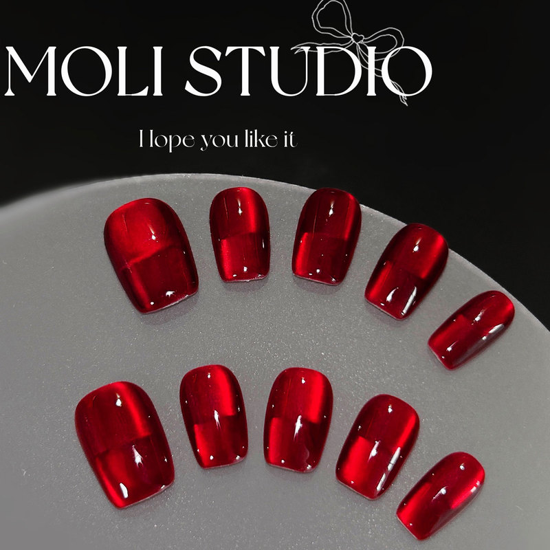 Molinail Crimson Glaze Pure Handmade Wearable Nails Bridal Festive Red Cat Eye Light Luxury Whitening New Nail Art