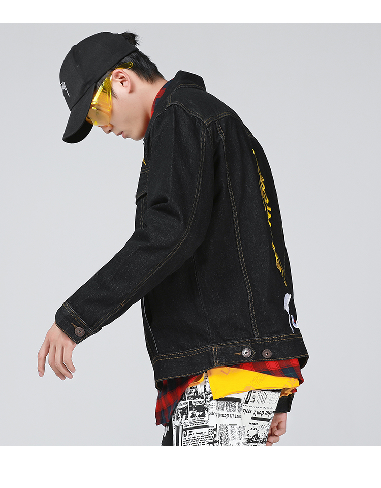 Mùa thu nam Xu hướng nguyên bản Panda Letter Thêu Washel Ve áo Loose Denim Jacket Cặp đôi - Áo khoác vest nam