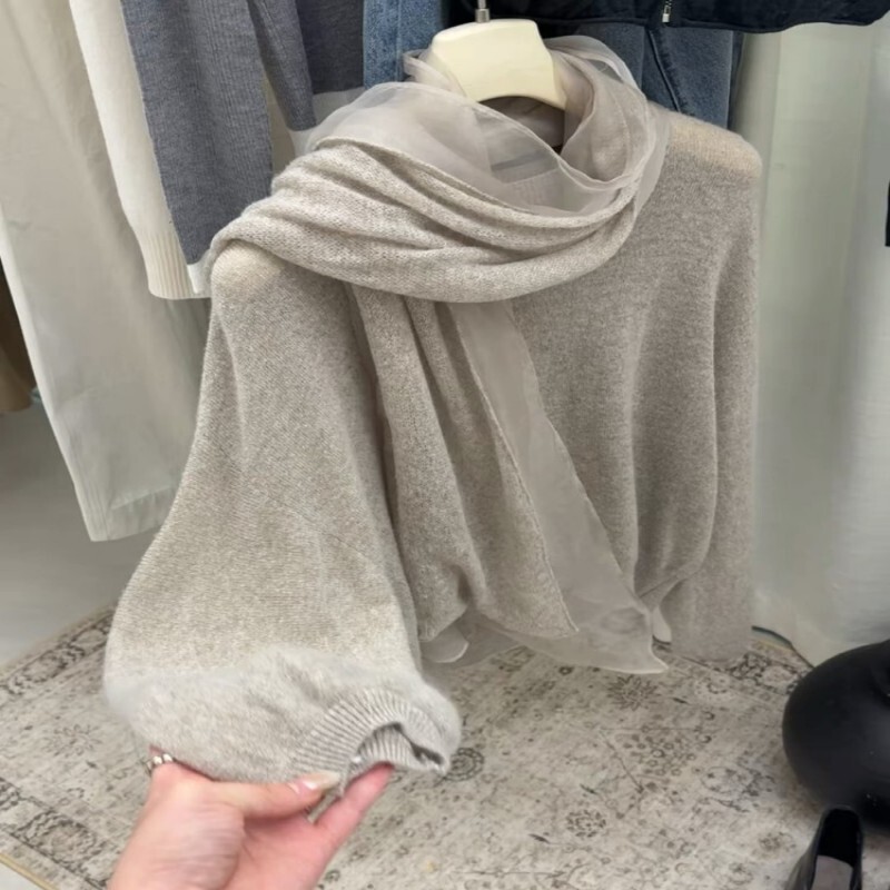 Super Cool Stuff! Super Hot! Atmospheric Gray Sweater with Scarf for Women, Autumn Lazy Style Loose Knit Top Super Cool Stuff! Super Hot! Atmospheric Gray Sweater with Scarf for Women, Autumn Lazy Style Loose Knit Top