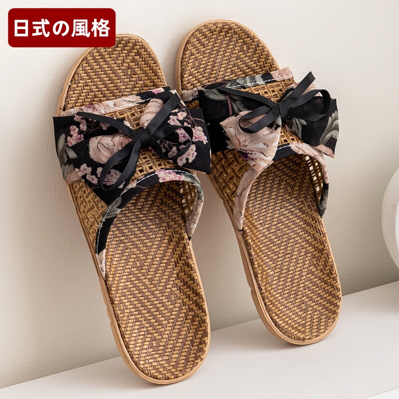 New Summer Rattan Woven Linen Slippers for Women, Fashionable Bow-Knot Closed-Toe Bamboo Slippers, Home Slippers