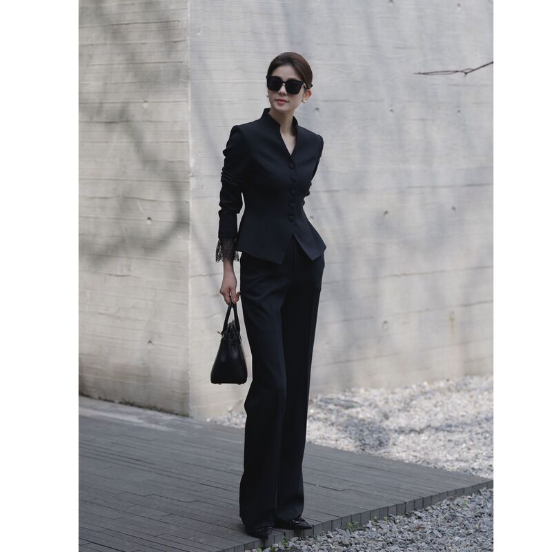 2026 Spring Black Suit Set Slim Fit Professional Office Lady Style Work Outfit Slimming Elegant Skirt and Jacket