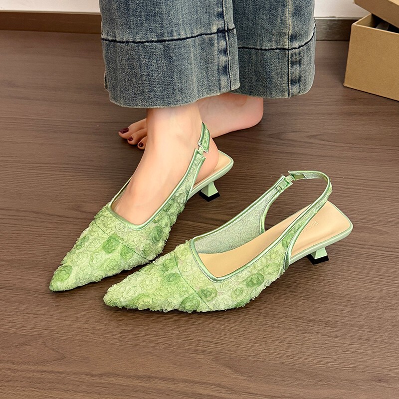 Women's Summer Sandals with Closed Toe, Green Floral Design, Pointed Toe, Low Heel, Stiletto High Heels, Shallow Mouth, Breathable Girls' Shoes