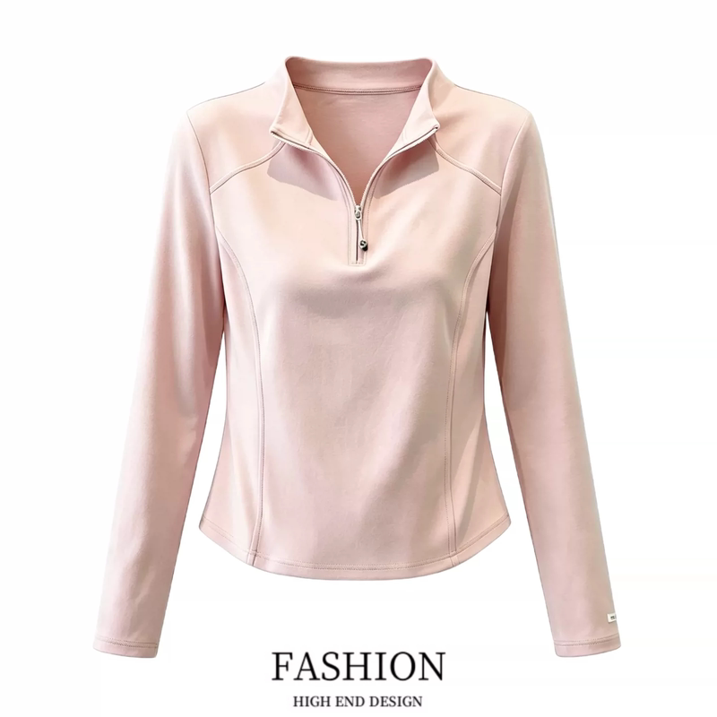 Designed Half-Zip Stand Collar Long-Sleeve T-Shirt for Women, Autumn Base Layer, Plus Size, Flattering Fit, Slimming, Tummy-Covering Top Designed Half-Zip Stand Collar Long-Sleeve T-Shirt for Women, Autumn Base Layer, Plus Size, Flattering Fit, Slimming, Tummy-Covering Top