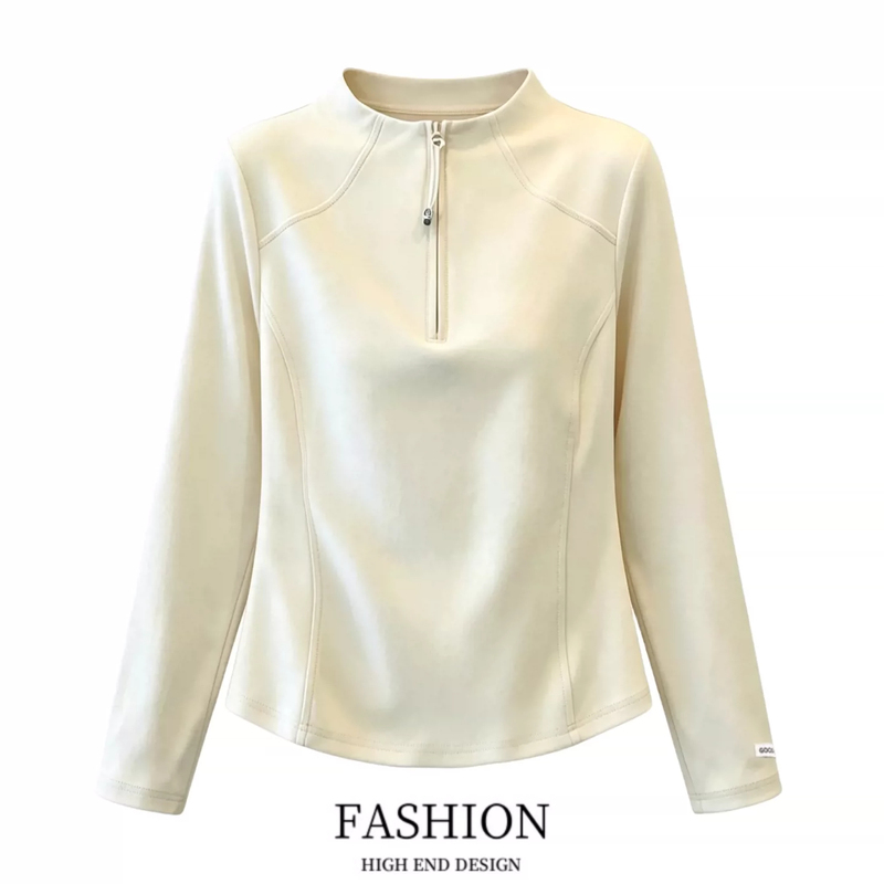 Designed Stand-Up Collar Half-Zip Sweatshirt for Women, Regular Shoulder Long-Sleeve Base Shirt, Autumn Slimming Plus-Size Top That Covers the Belly Designed Stand-Up Collar Half-Zip Sweatshirt for Women, Regular Shoulder Long-Sleeve Base Shirt, Autumn Slimming Plus-Size Top That Covers the Belly