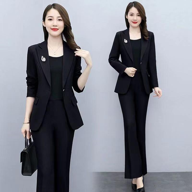 High-End Black Blazer, Spring and Autumn 2025 New Korean Style, Loose Suit for Plus-Size Women, Flared Pants Set