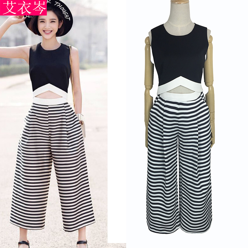 2020 Tang Yixin star the same black sleeveless slim top vest all-match girl striped wide-leg nine-point pants