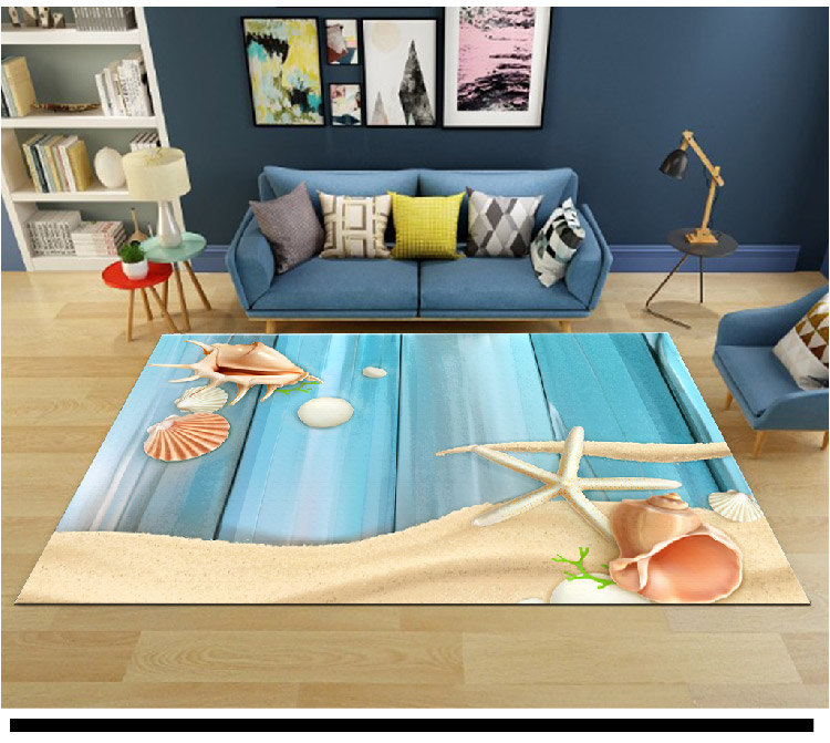 3d in màu xanh phòng khách bàn cà phê phong cách Địa Trung Hải thảm bãi biển vỏ cửa biển phòng tắm chống trượt mat thảm trải phòng ngủ