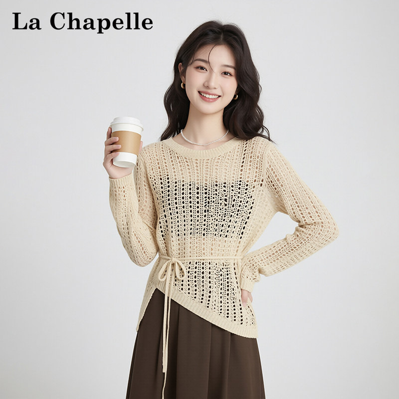 La Chapelle Hollow-Out T-Shirt Cover-Up 2026 Spring/Summer Gentle Style Waist-Cinching Tie Irregular Hem Sun Protection Top