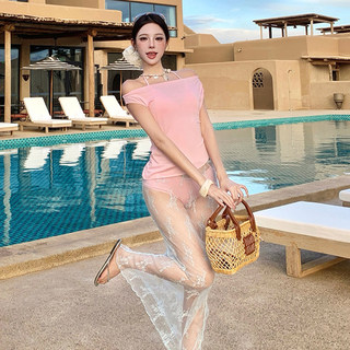 New Sexy One-Shoulder Split Swimsuit for Women, Pure and Alluring Style, Hot Girl Vacation Hot Spring Backless Mesh Skirt Bikini