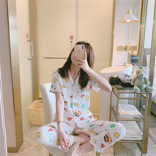 Летняя пижама, хлопковые штаны, кардиган, мультяшные мелки, милый тонкий комплект