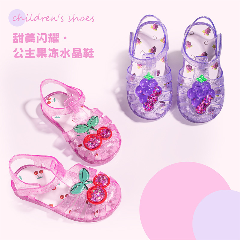 Children's Jelly Shoes Summer Girls Sandals Princess Crystal Shoes Fruit Non-Slip Soft Bottom Roman Shoes Girls Fashionable