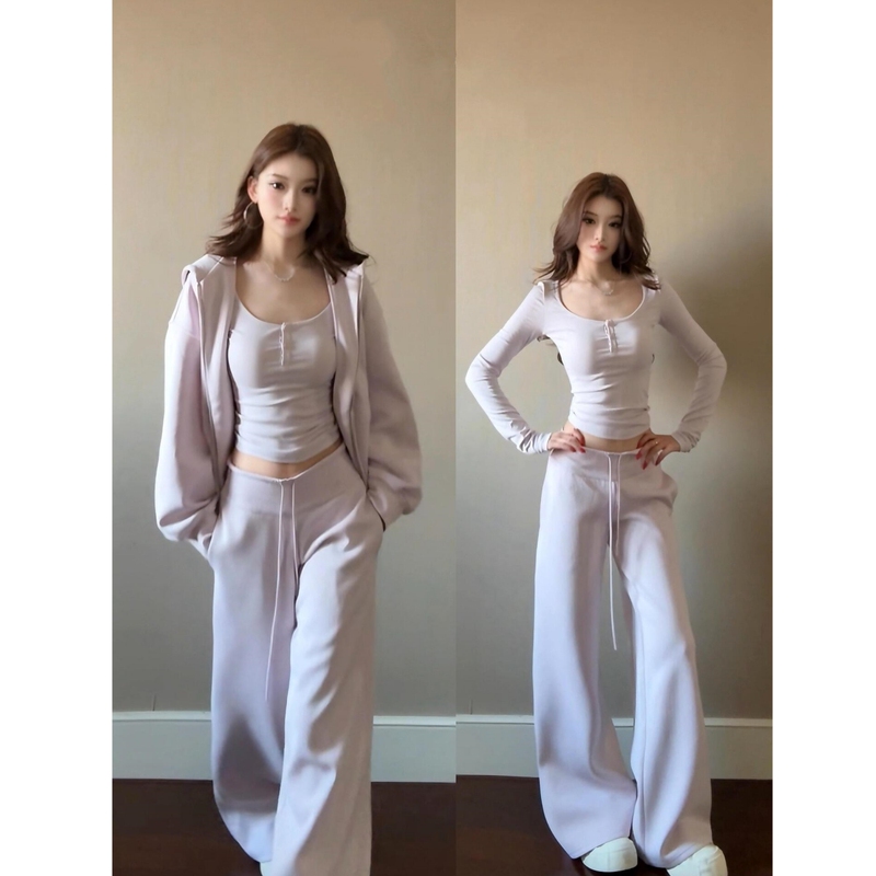 Taro Pink Casual Sports Suit for Women, 2026 Spring Korean Style Lazy Style Hooded Sweatshirt and Wide-Leg Pants Two-Piece Set