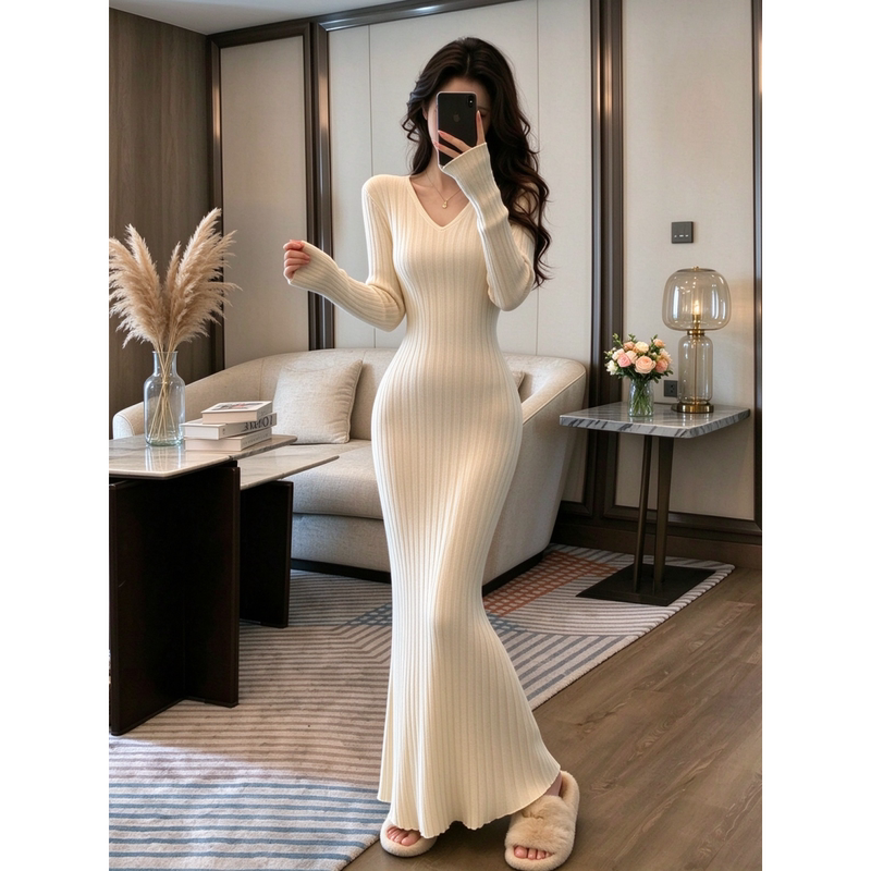 Extra-Long V-Neck Knitted Dress for Women, Autumn and Winter Slim-Fitting Hip-Hugging Base Layer, Knitted Sweater Over-The-Knee Long Skirt
