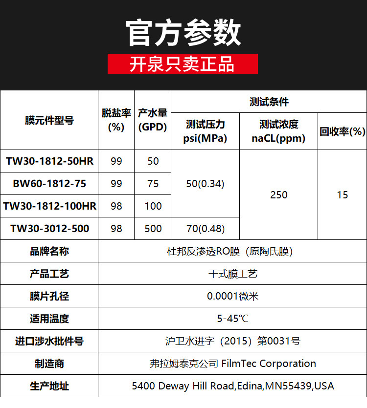 Фильтр для воды 美国陶氏ro膜滤芯50g75g100g500g家用反渗透膜直饮纯水机通用配件