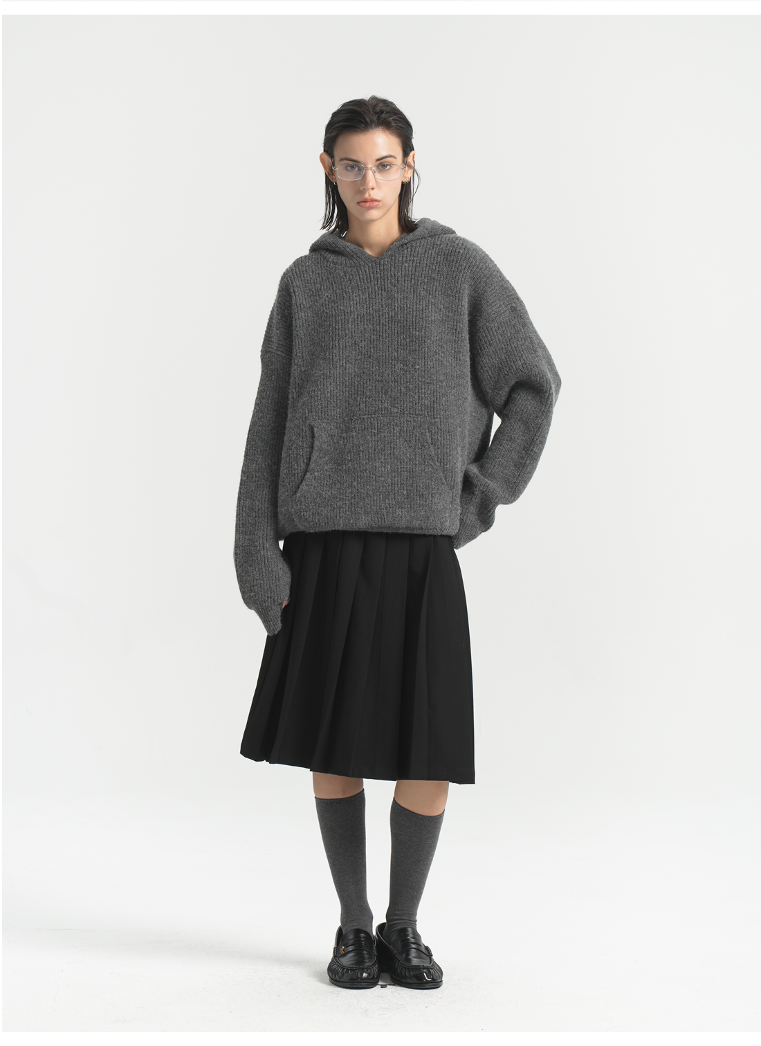 PURESQUARE Boxy Ribbed Knit Hoodie
